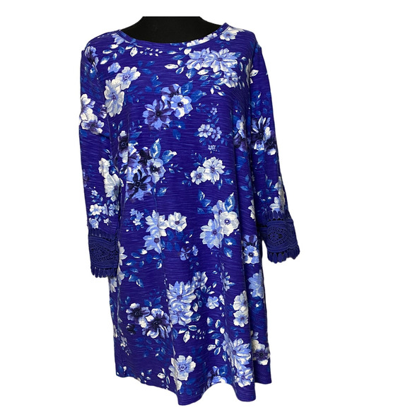 Woman Within Womens Plus Size 18/20 Blue Floral‎ Top with Lace Sleeves - Picture 1 of 10